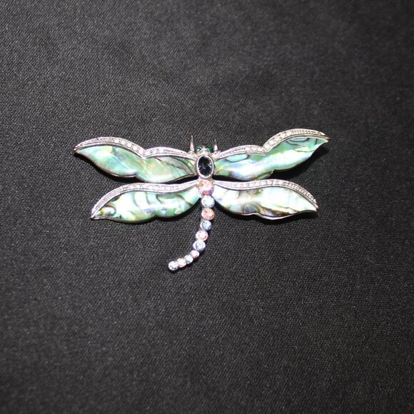 Vintage Abalone Dragonfly Brooch w/Rhinestones - Picture 8 of 9
